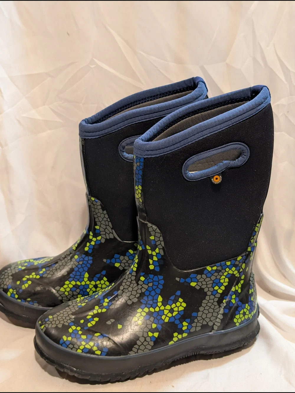 Bogs Kids Black Rain & Blue-Green Mosaic Boots